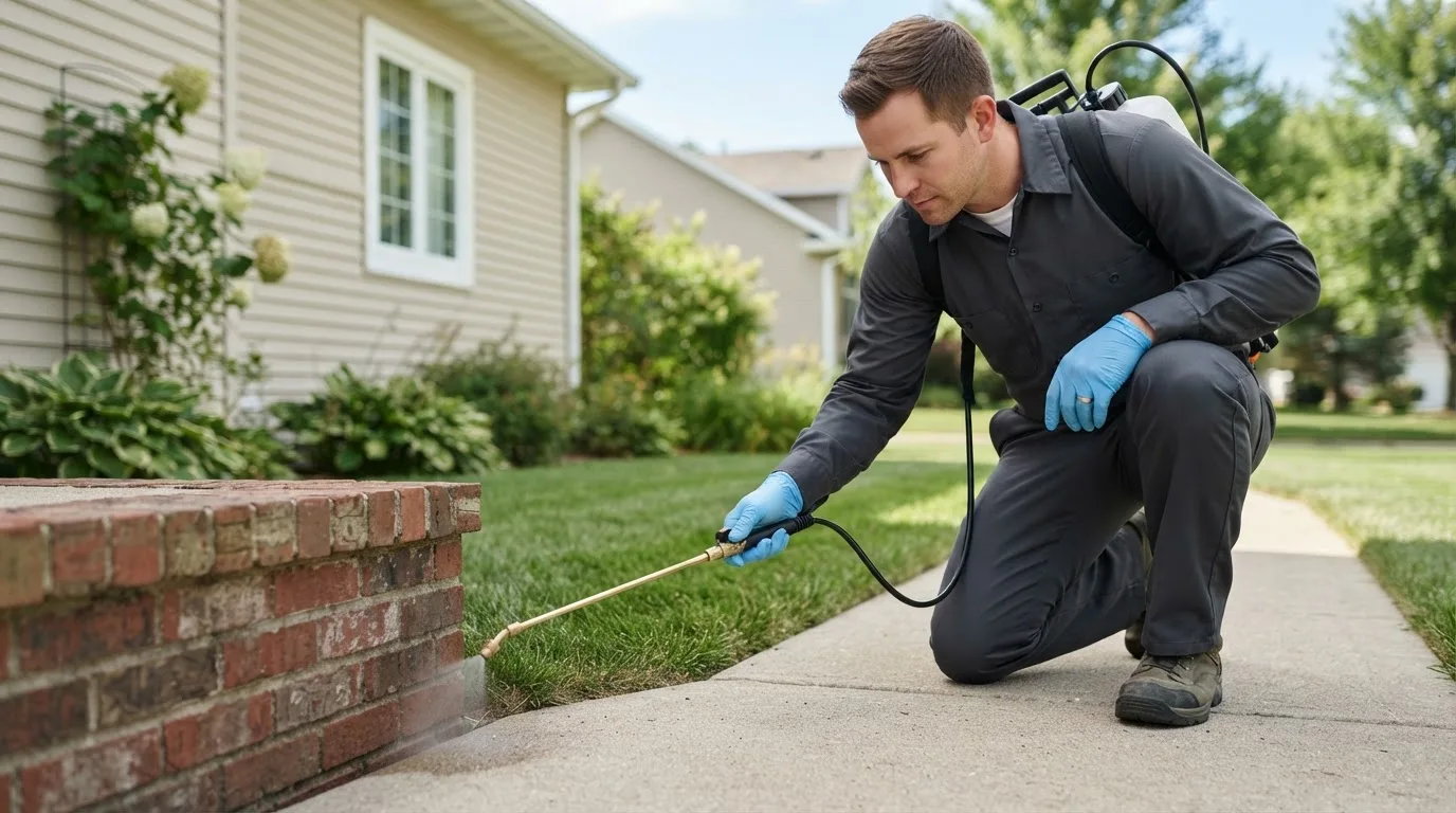 Pest control technician treating a home near Montpelier, ND