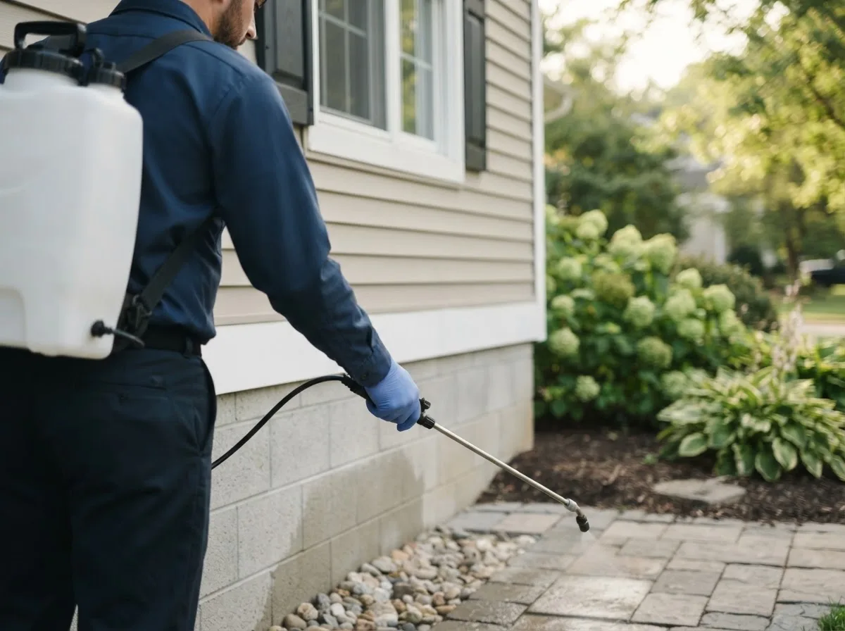 Pest control technician inspecting a home in Montpelier, ND